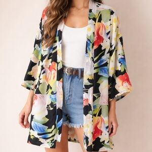 Umgee + Women’s Black Floral Kimono Cardigan; Size 1XL/2XL